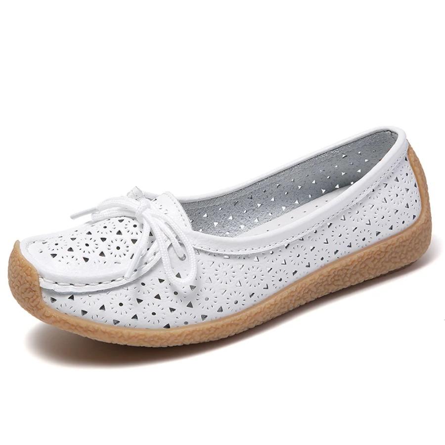 Women's Leather Large-sized Sandals, Summer Casual Flat, Lightweight, Perforated, Breathable and Anti-slip Loafers for Mothers