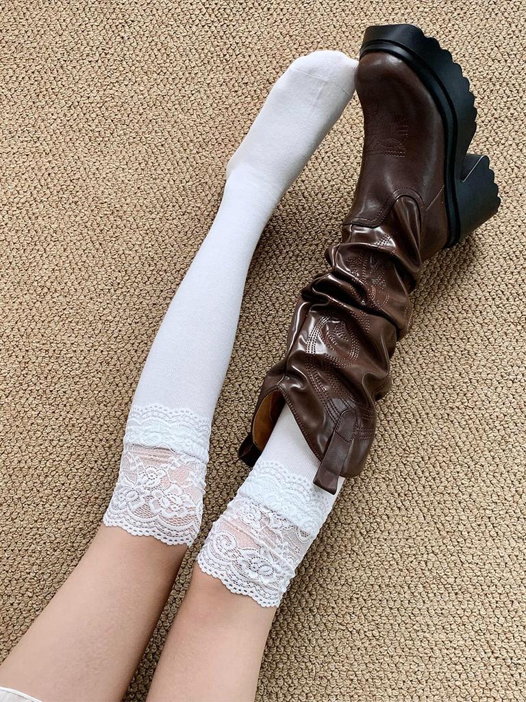 Stockings Woman Thick Knit Solid Color Lace Leg Warmers Thigh High Socks Autumn and Winter Sweet Long Black Socks for Women