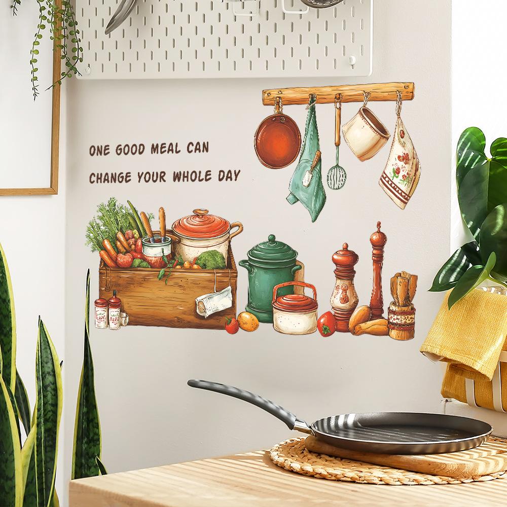 Cartoon Kitchenware, Vegetables and English Phrases, Home Background and Wall Beautification Stickers
