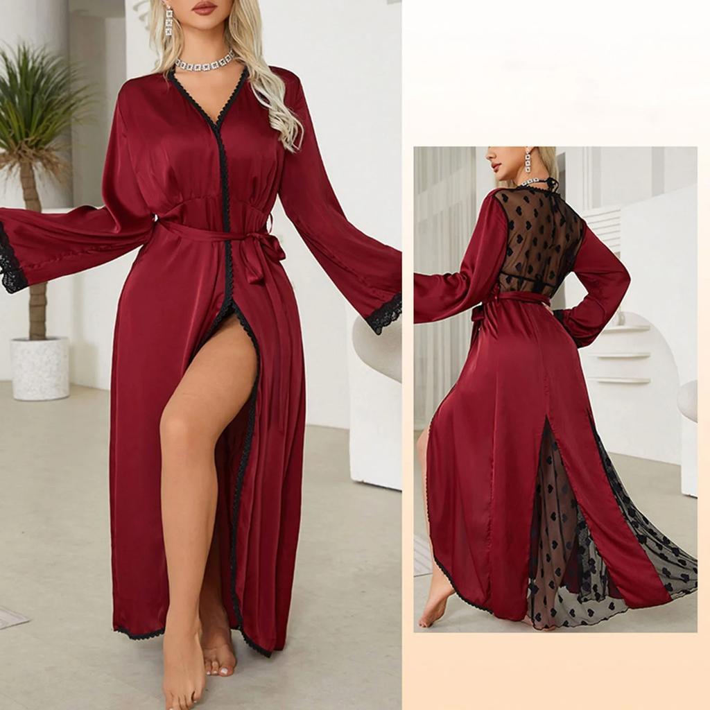 Halat Sexy de Damă Solid pentru Acasă Desire Mătase Satinată Halat Lung Dantelă Lenjerie de Noapte Rochie