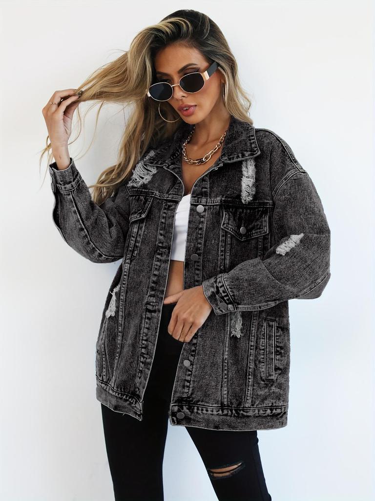 Women's Versatile Ripped Denim Jacket - European & American Style, Loose Fit
