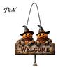 Handmade Retro Wood Craft Halloween Wooden Welcome Hanging Sign, Vintage Farmhouse Door Hanger with Skeleton Pumpkin Rustic Skull Wall Decor
