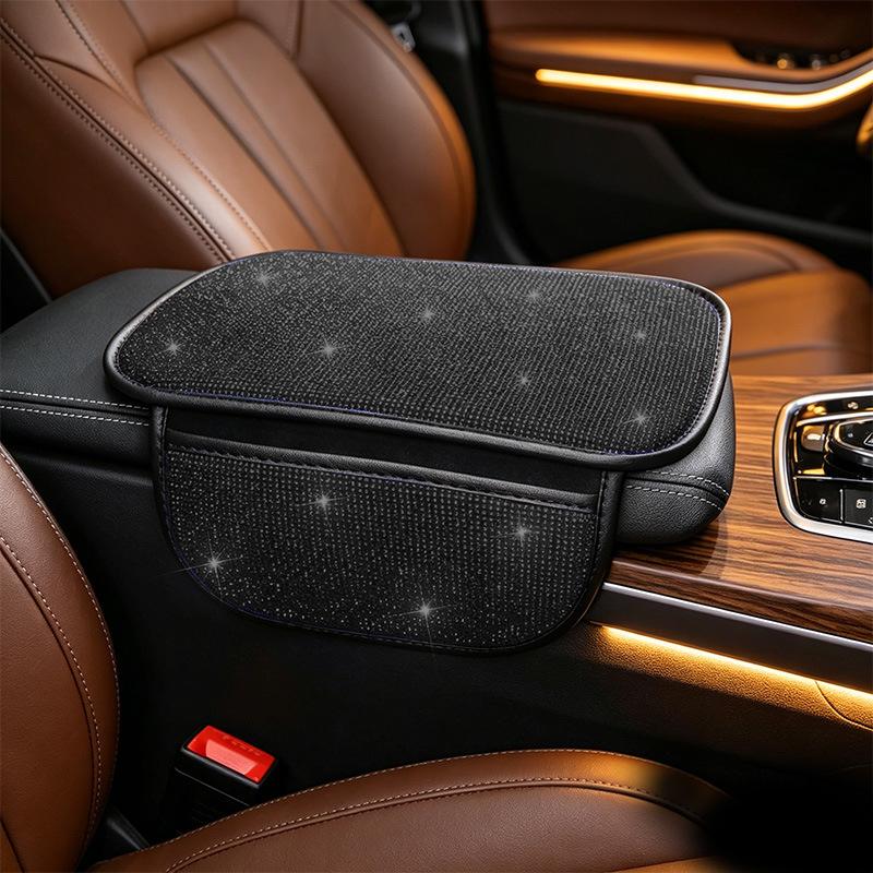 Bling Car Armrest Box Cushion With Side Phone Pocket Rhinestones Auto Center Console Protector Pad For Women Interior Accessorie