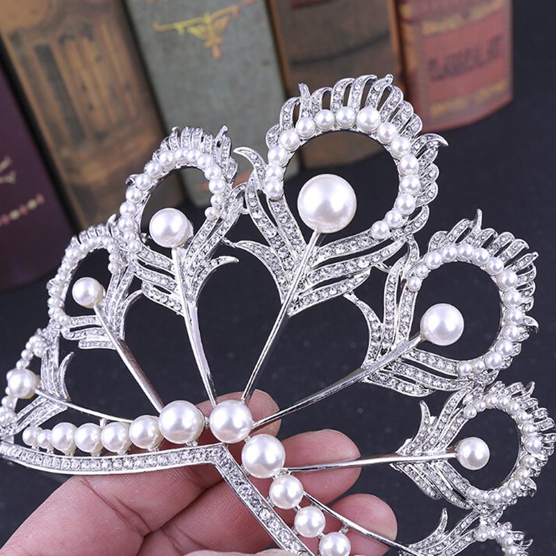 Tiara de Mireasă Perlată Handmade Coroană Mare de Păr Diademă pentru Petrecere/Concurs