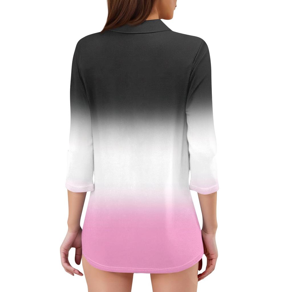 Women's Fashion Casual Lapel 3/4 Sleeve Print Shirt Women's V-Neck Tops