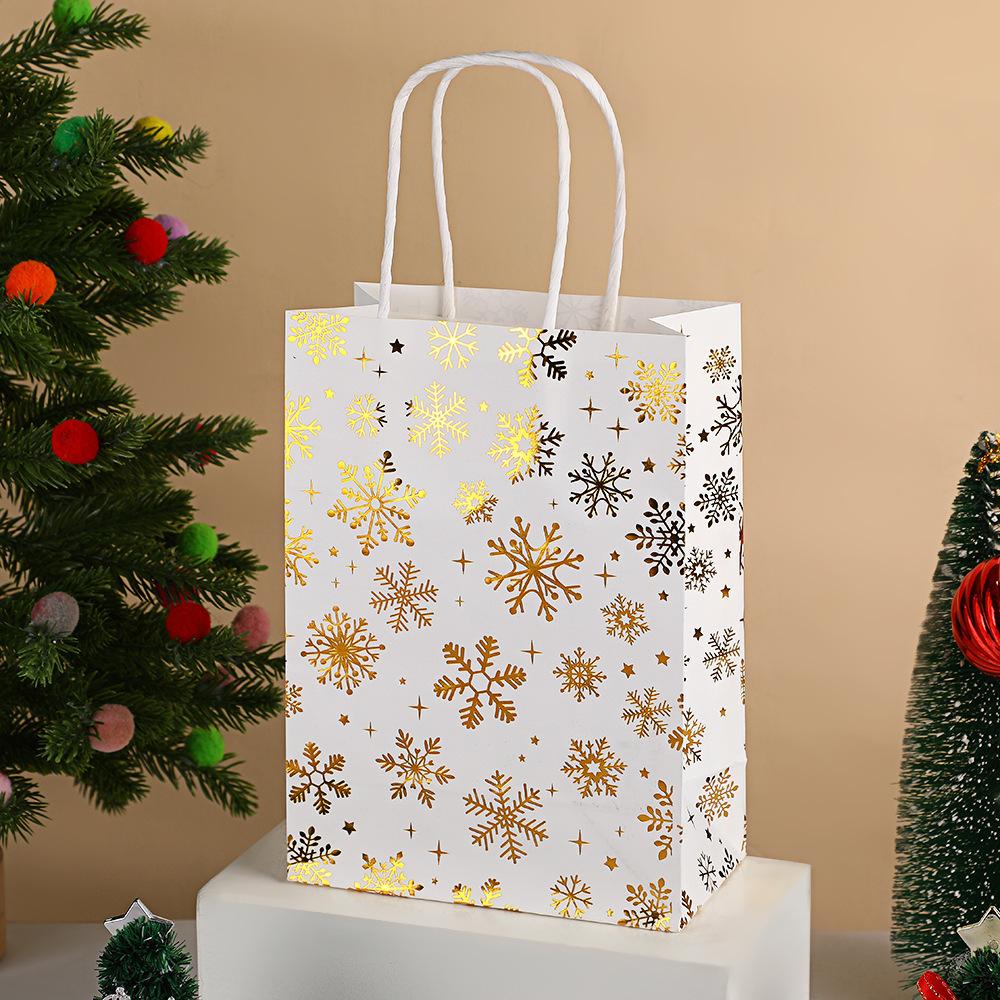 Christmas White Kraft Gift Bag with Gold Silver Snowflake, Bell, Christmas Tree, Reindeer Pattern Holiday Party Gift