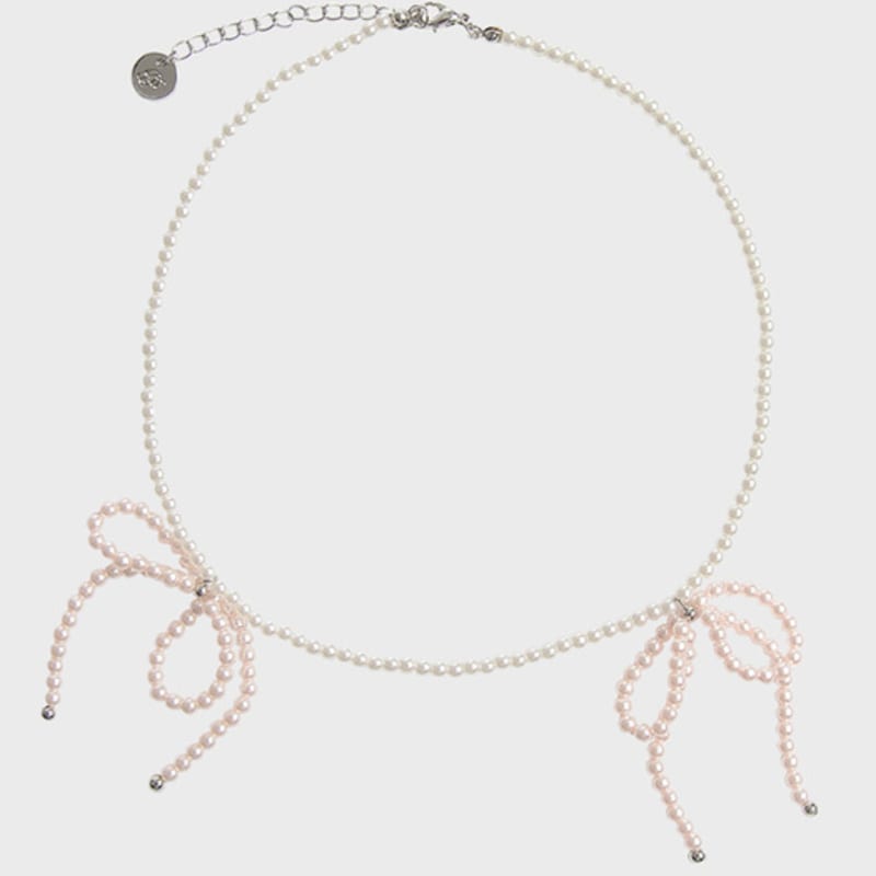 Eireve TWIN BOW PEARL CHOKER NECKLACE_BABY PINK