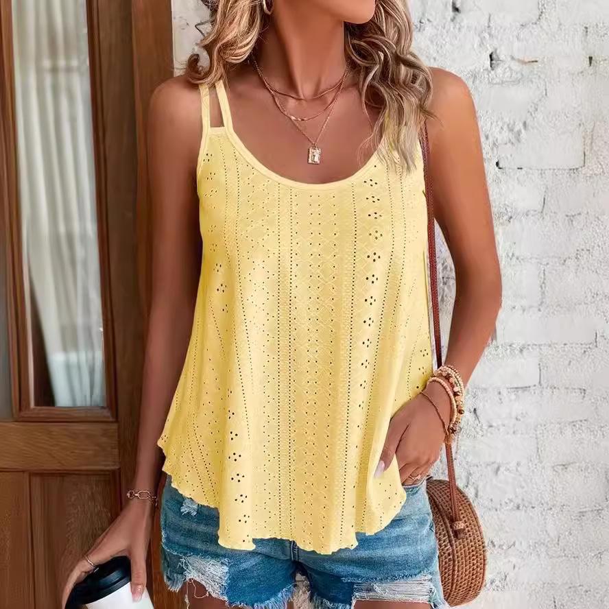 Dames Ronde Hals Mouwloze Tanktop Losse Pasvorm Broderie Jacquard Spaghettibandje Camisole Zomer Laagjes Basic Top
