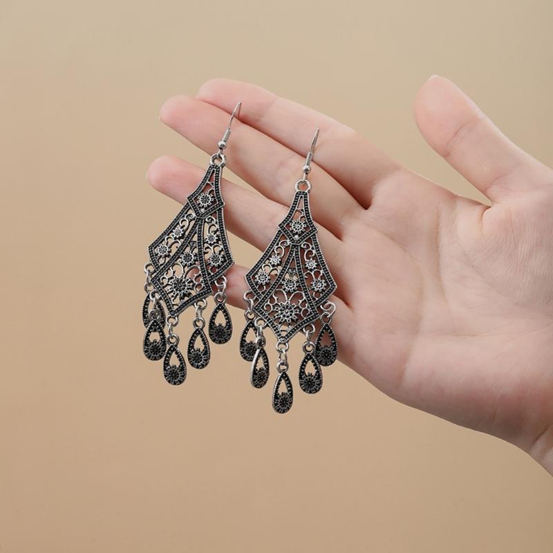 Vintage Hollow Out Droplet Flower Tassels Earrings Zinc Alloy Lightweight Dangle Jewelry for Women