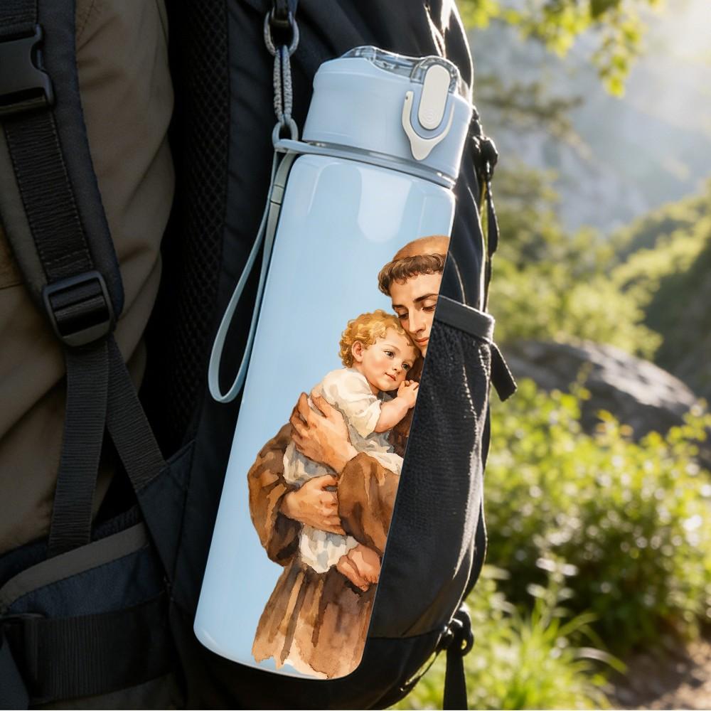 1PC Saint Joseph Holding Baby Print 750ml Color Plastic Sports Water Bottle Leakproof Flip Straw Lid Suitable for Sports Office Home Use