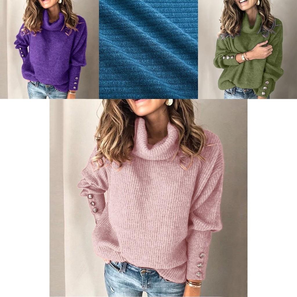 Cozy Women Long Sleeve Sweater High Neck Jumper With Stylish Button Decoration