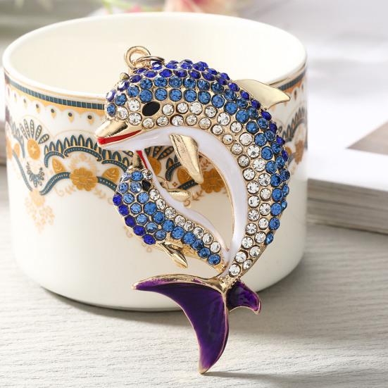 Keychain Pendant Rhinestones Inlaid Mother Child Dolphin Design Key Chain with Anti-Oxidation Lobster Clasp Decorative Backpack Accessory