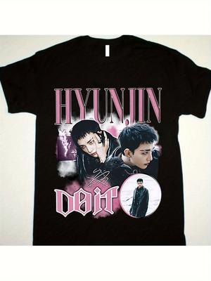 Black Oversized T-Shirt for Women Featuring A Print of Hyunjin with A Portrait and Signature, Perfect for Casual Wear and Fan Merchandise