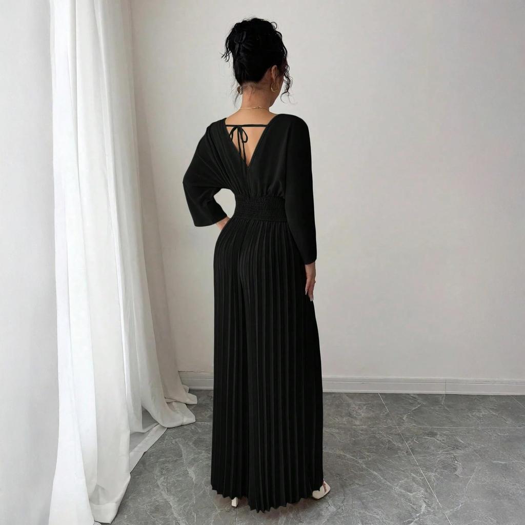 Damen Jumpsuit mit langen Ärmeln, Falten und weitem Bein, V-Ausschnitt und hoher Taille für elegante Alltagsmode