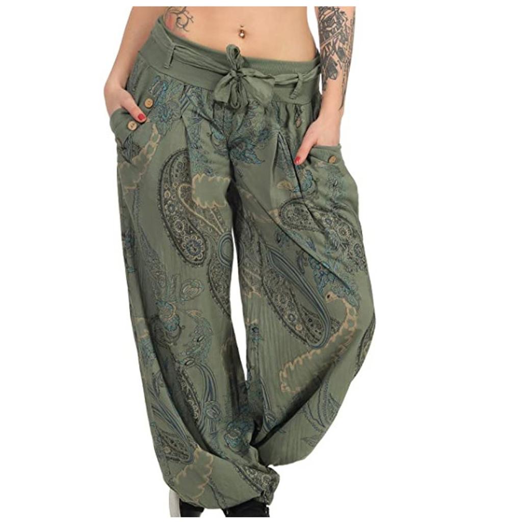 Dame Hverdagslig Pluss Størrelse Trykk Elastisk Midjebelte Rett Løse Lange Bukser