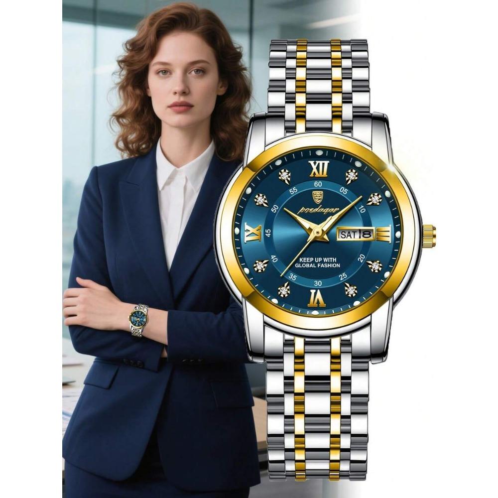 POEDAGAR Damen Edelstahl Dail Elegante Wasserdichte Leuchtende Quarz Datum Armbanduhren, Modische Damenuhr