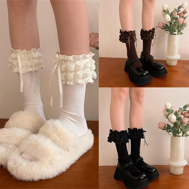 1 Pair Princess Style Dress Socks for Girls Sweet Frilly Socks Ballet Socks Ruffle Ankle Socks with Bows Lace Top Sock