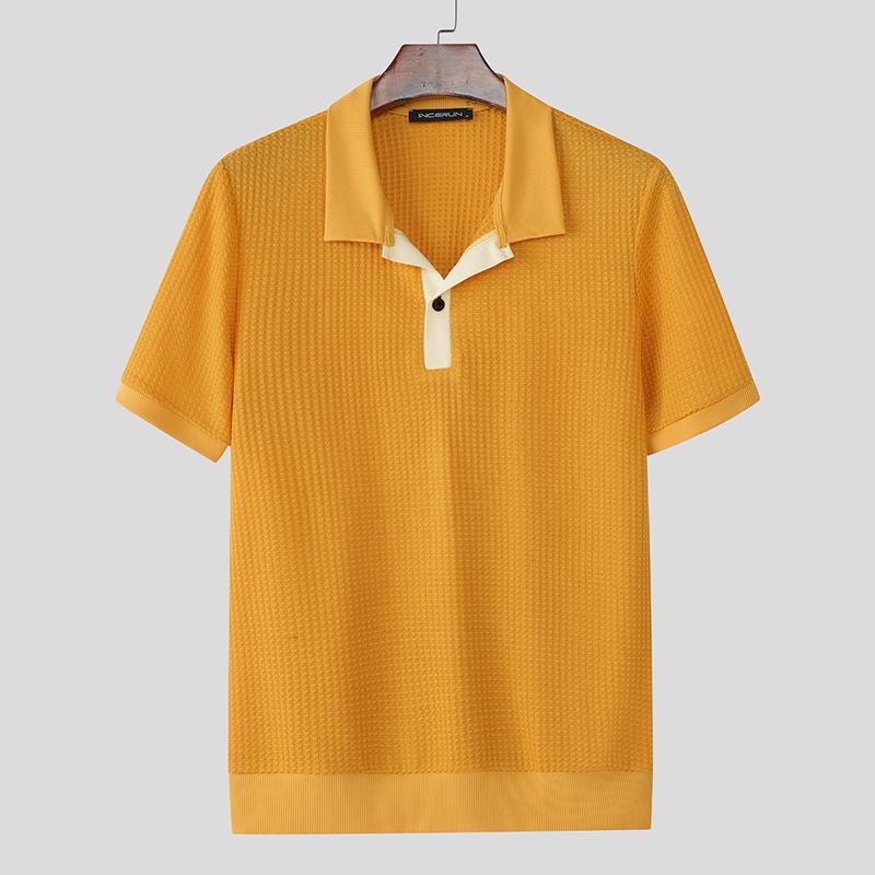 

INCERUN Summer Men Lapel Neck Short Sleeve Texture Casual Office T-shirts Tops 3XL жовтий