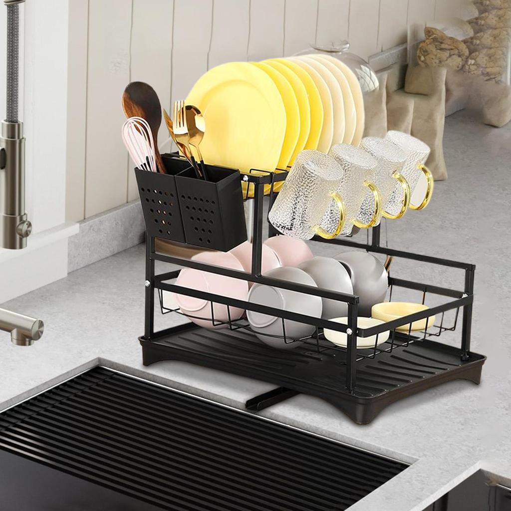 Kitchen Dish Drying Rack 2-Tier Plate Storage Rack Pot Lid Drainer Organizer Stand Heavy Duty Utensil Holder for Apartment