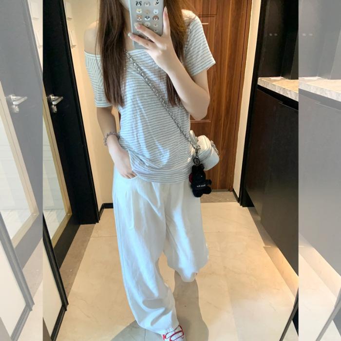 

No price reduction #striped slanted shoulder short-sleeved t-shirt women s summer slim-fit Korean off-shoulder design unique Spice Girl top S
