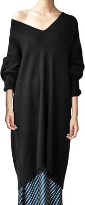 LrisIuza Echo Sweater Knit Long Long Loose Solid Plus Sizes Korean Cute Women's Dress, V-Neck Dress, Sleeves, Fit, Slimming, Casual, Commuting, Color,