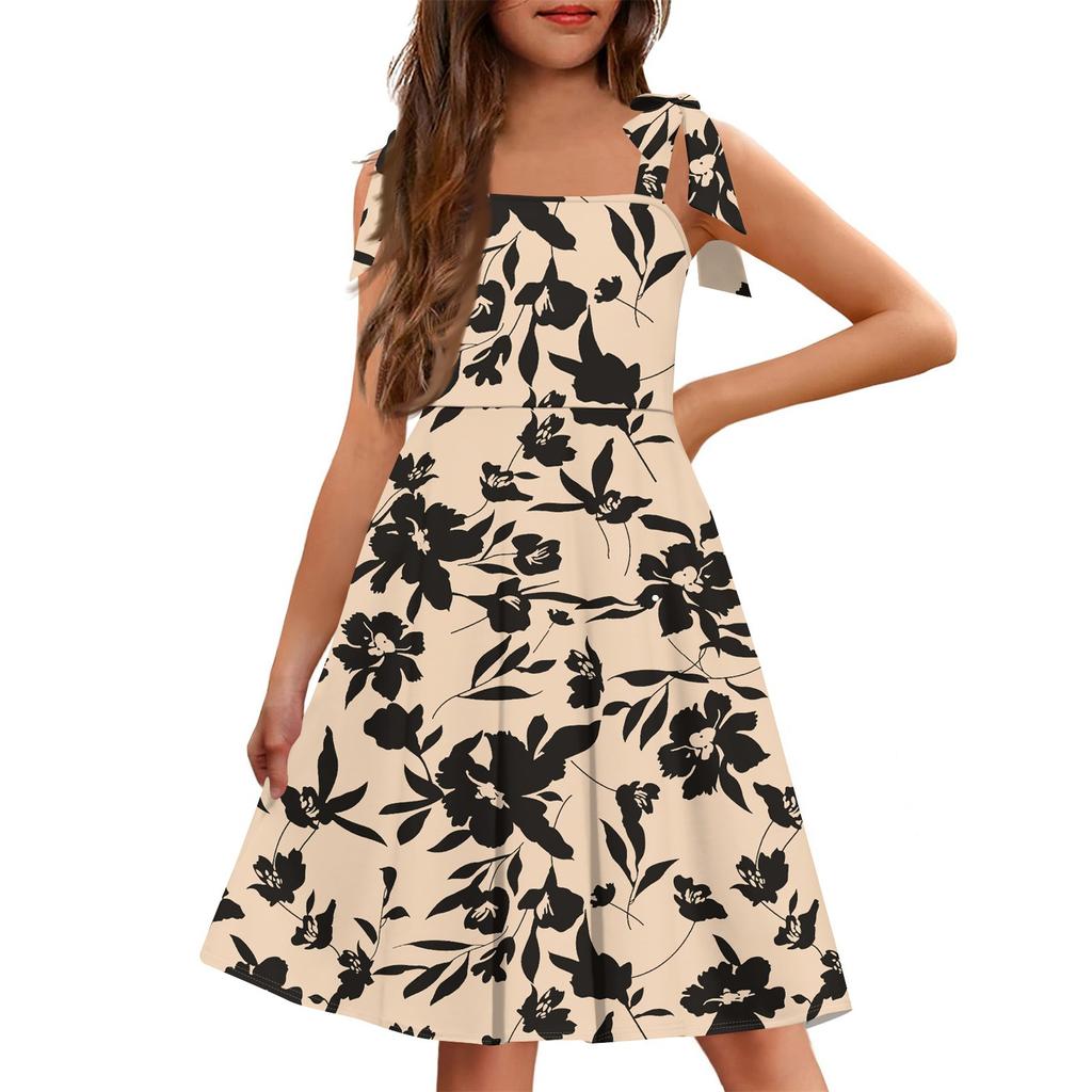 Barnejumpsuit uten mansjetter, lomme, firkantet hals, avslappet, blomstermønstret kjole