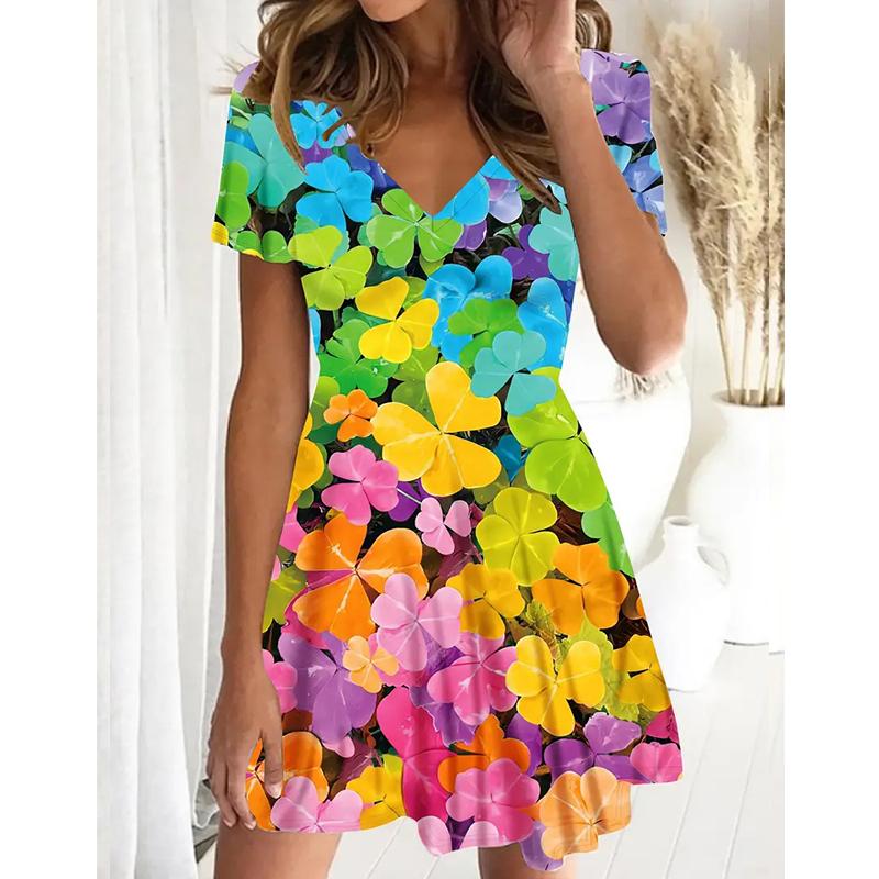 

Летняя мода Женское платье с V-образным вырезом и короткими рукавами, с принтом из разноцветных пузырей, Сексуальное короткое платье-мини 6XL розовый