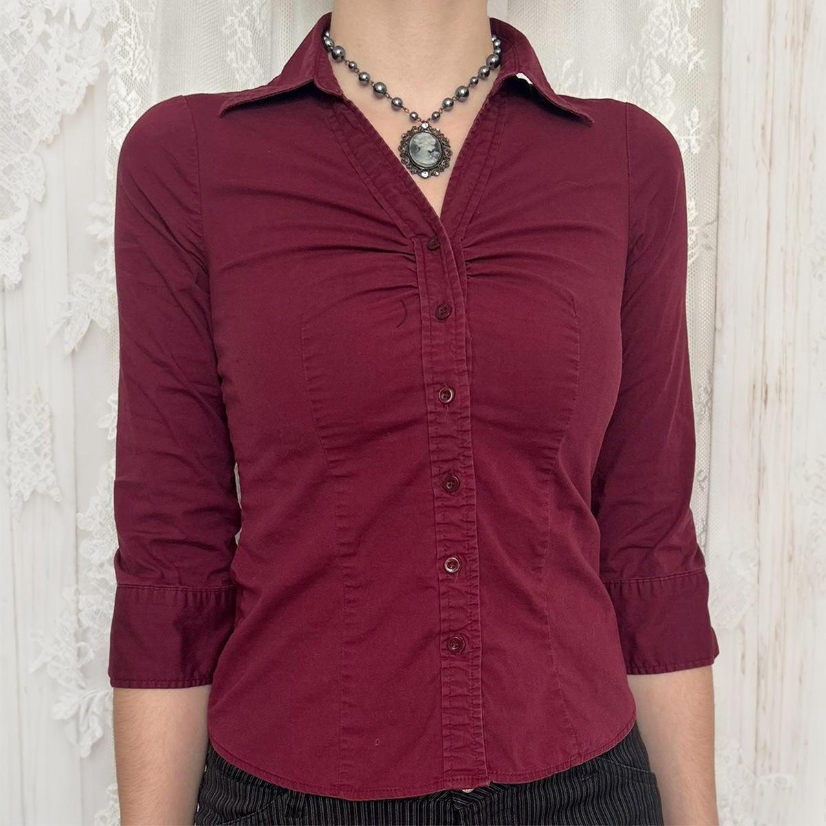 

Женская Y2K Стиль Горячей Девушки Однотонная Однобортная Рубашка с Длинным Рукавом на Пуговицах с Лацканами Приталенная XL кларет
