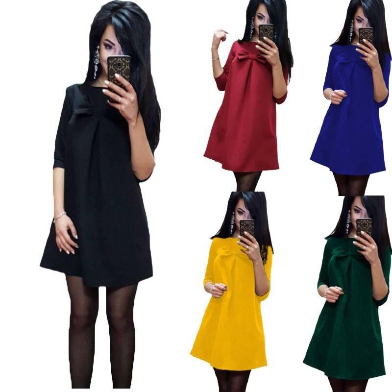 Elegant Cotton Blend Solid Color Dress With Sweet Bow Design For Stylish Commuters