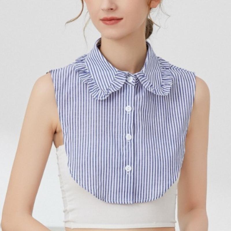 Blue Striped Pleated Fake Collar with Lotus Leaf Lace Detachable Collar Shirt Dickey Half Blouse False Collar for Lady Girls