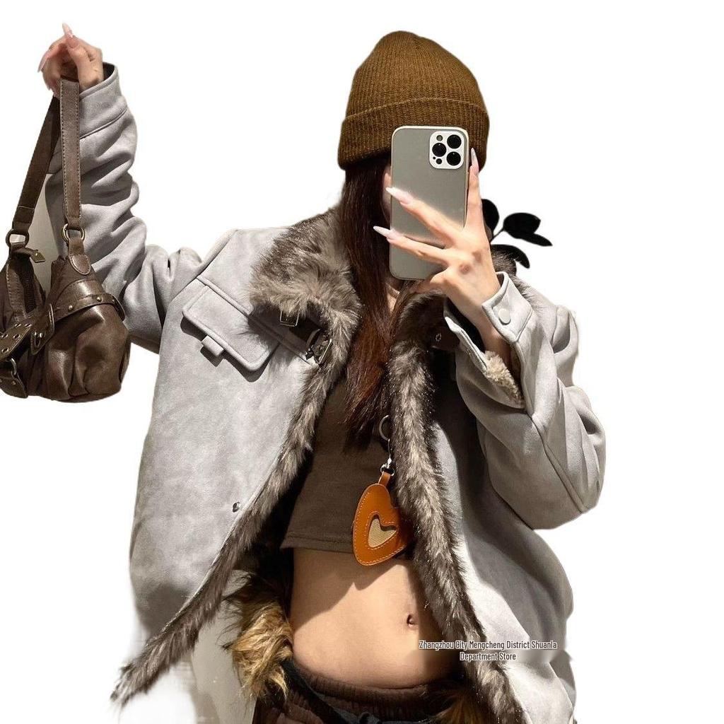 American Style Fluffy Patchwork Stand Collar Plus Velvet Casual Thickened Autumn/Winter Jacket