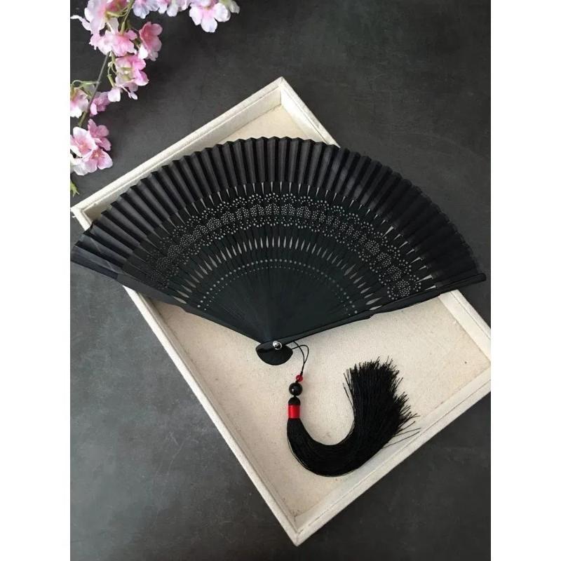 Chinese Bamboo Hand Fan Ventilador Portable Vintage Folding Black Silk Fan Classical Men Women Performance Prop Hand Fan