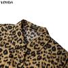 VONDA Vintage Women Puff Sleeve Leopard Print Buttons Up Long Pleated Dress