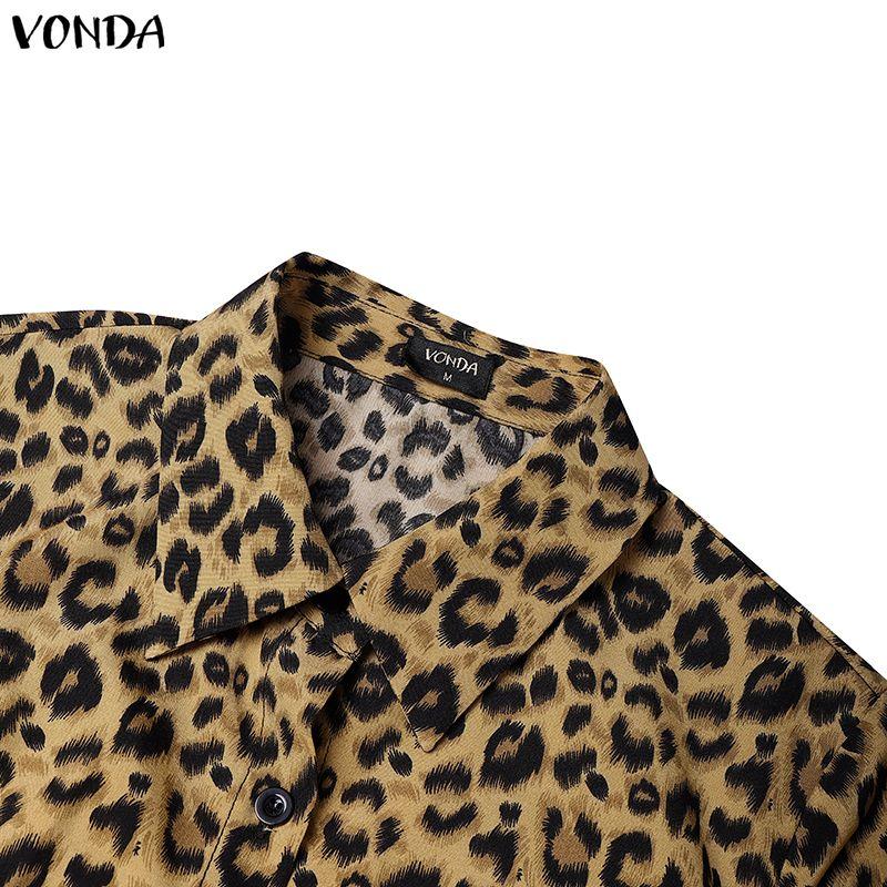VONDA Vintage Women Puff Sleeve Leopard Print Buttons Up Long Pleated Dress