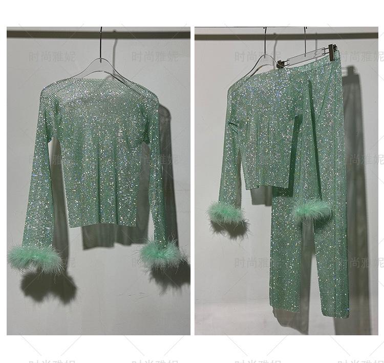 Yanni Fashion Blue Feather & Rhinestone Dress with Long-Sleeve Top and Skirt