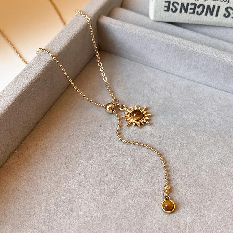 Sunflower Tiger Eye Stone Pendant Necklace - Stylish Snap-fastening Pullable Adjustable Sweater Chain