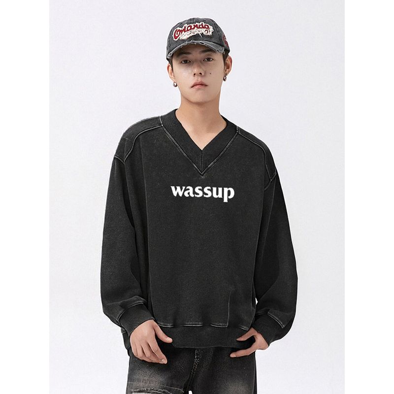 Wassup Trendy Brand Washed Vintage Heavyweight Sweatshirt for Men, Spring and Autumn 2025 New Style, Large V-Neck American-Style Loose Top