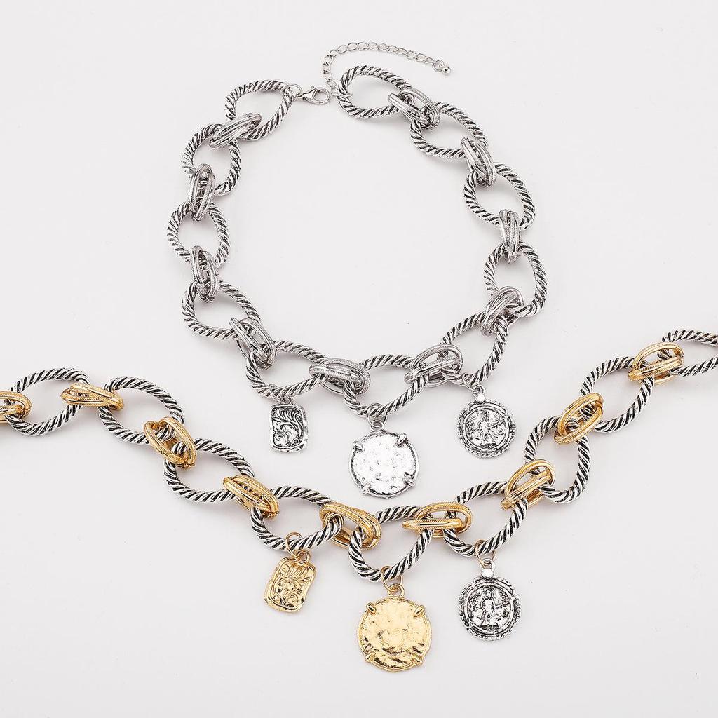 European & American Style Braided Chain Necklace with Coin Alloy Pendant