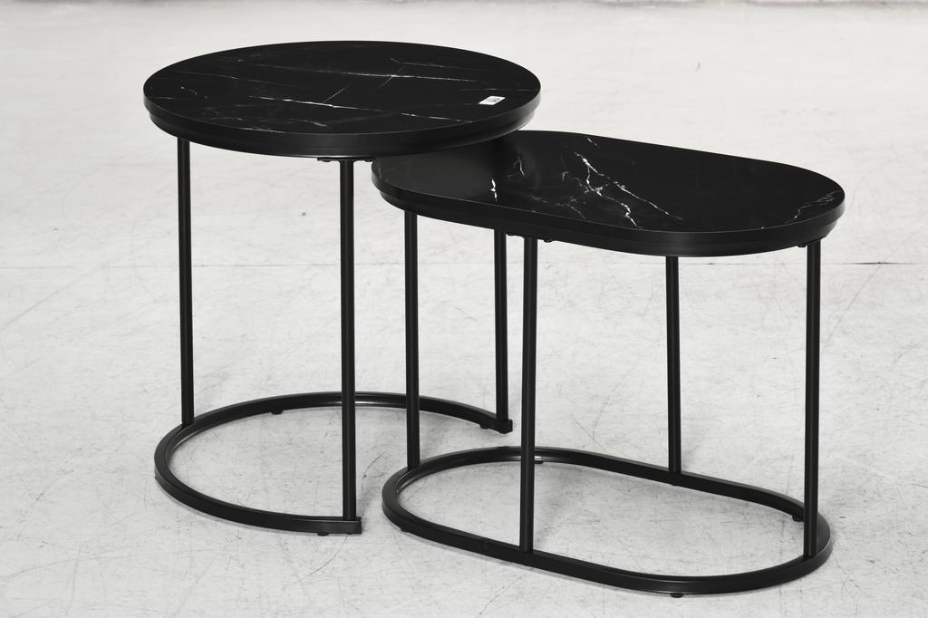 Set di tavolini con struttura in acciaio e piano in finto marmo, Set moderno di 2 tavolini da caffè, Nero/Bianco