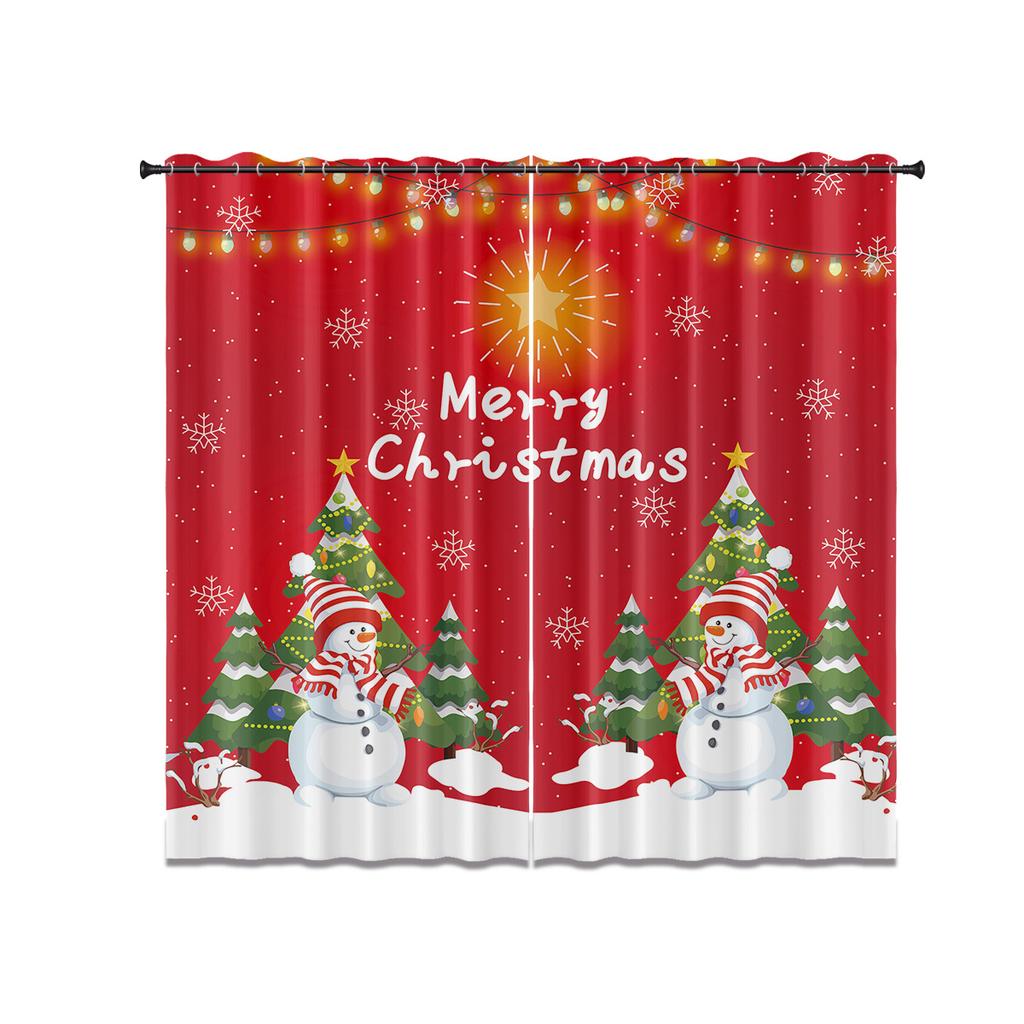 Set Of 2 Merry Christmas Snowman Print Red Curtains Multiple Sizes Living Room Insulation Easy Install Curtain Darkening Polyester Machine Washable