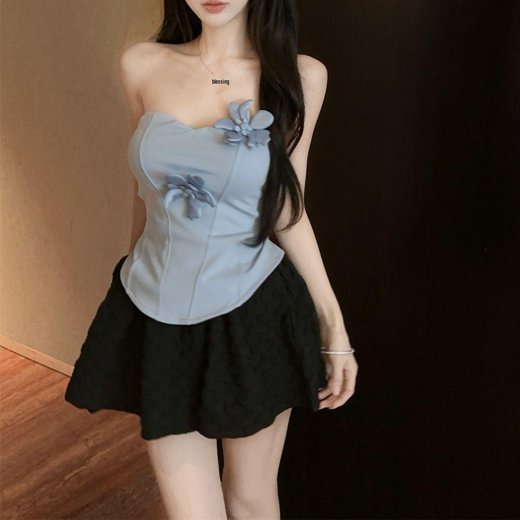 

Pink Strapless 3D Flower Top with High-Waisted A-Line Skirt Set for Women Small