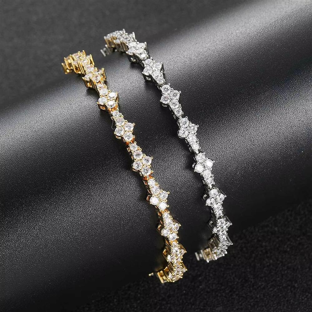 Heißverkauf Mode Hip Hop Schmuck Gold Silber Farbe Federverschluss Blumenform Bling CZ Iced Out Tennisarmband für Damen Geschenk