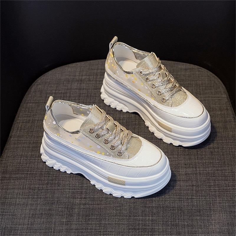 Summer little white shoes women's 2025 new thick-soled muffin inner height increase and thinness hollow mesh casual shoes breathable women's shoes