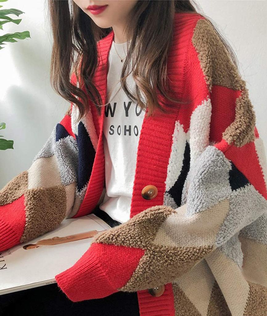 Henri Fluffy Argyle Thick Warm and One Size Fits Korean Short Long Long Sleeve Adult Down Lightweight Boa Long School Cardigan, Outerwear,