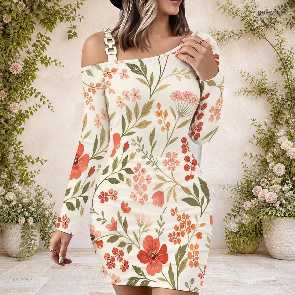 Ladies Plus Size One Side Off Shoulder Long Sleeve Dress