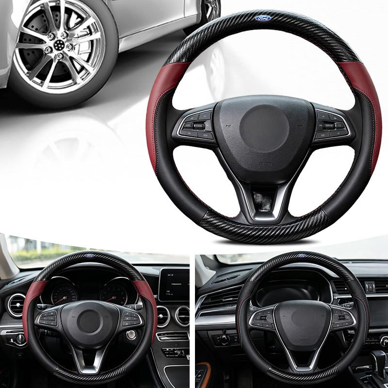 38CM Carbon Fiber Texture Car Steering Wheel Cover For Ford Mustang Fiesta Focus Mondeo Kuga Ecosport Edge Explorer F150 Sticker RM9