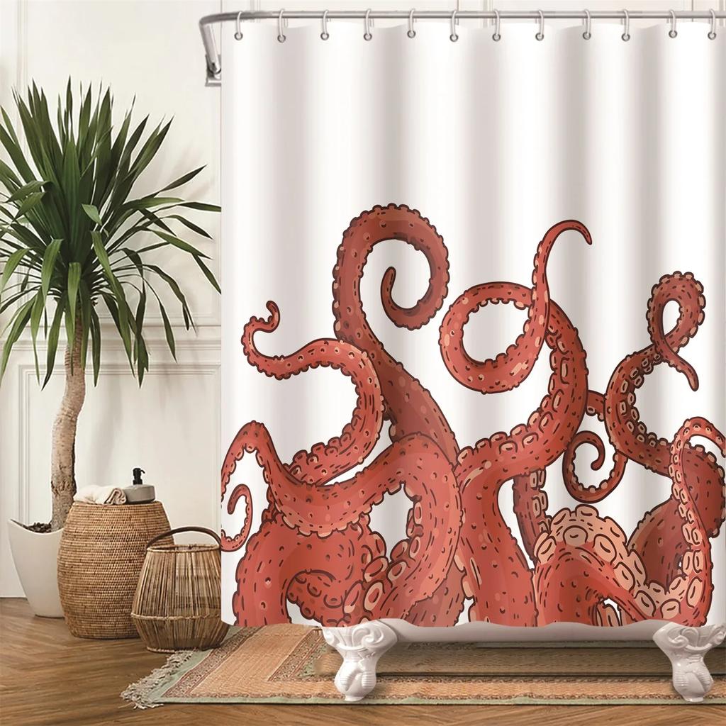 Fun Cartoon Sea Animal Shower Curtain, Sea Turtle Octopus Jellyfish Whale Crab Sea Life Landscape, Bathroom Shower Curtain Set