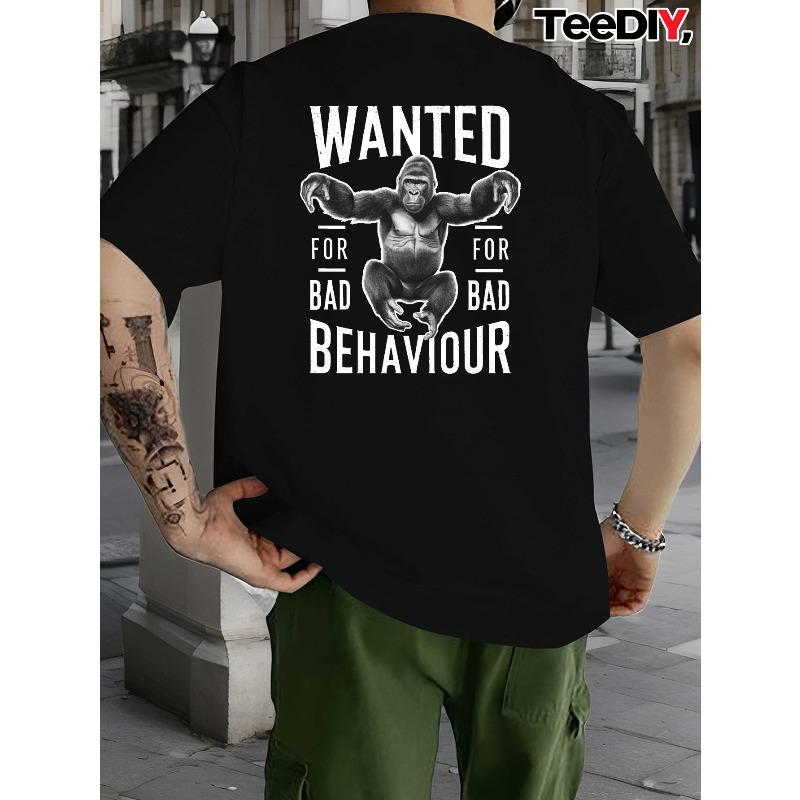 Европейские размеры Мужская одежда Больших размеров Ищется Bad Behaviour Горилла Футболка Бежевая и Черная с графикой Гориллы, Машинная стирка, Футболка с круглым вырезом для лета S