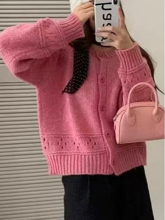 Korejský trendy volný jednoradový kabát: Dámský pletený kardigan s kulatým výstřihem a dutým vzorem podzim/zima