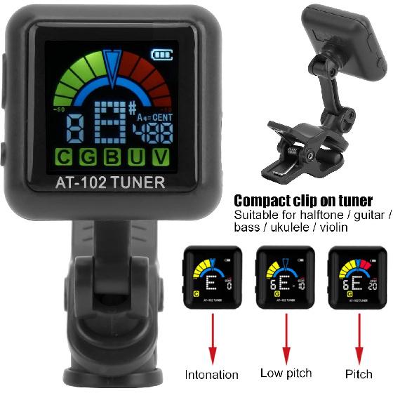Clip on Tuner, High Definition Color Screen USB Rechargeable Ukulele Tuner Suitable for Guitar Bass Ukulele Violin (AT-102 black)